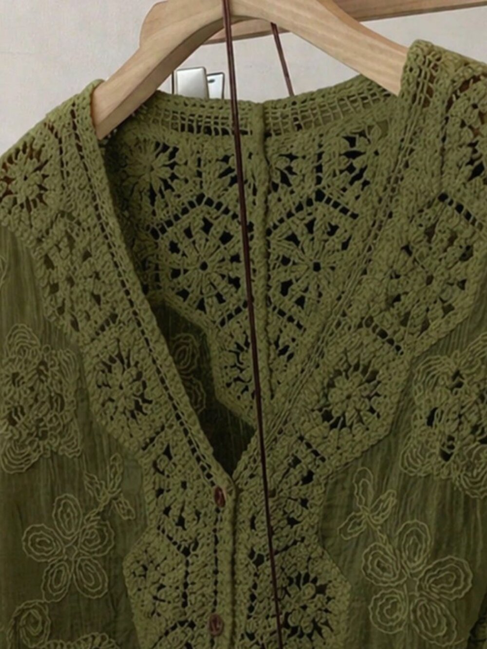 Green Boho Crochet Women's Cardigan with Floral Geometric Lace V-Neck Button-Up - Picture 3 of 7